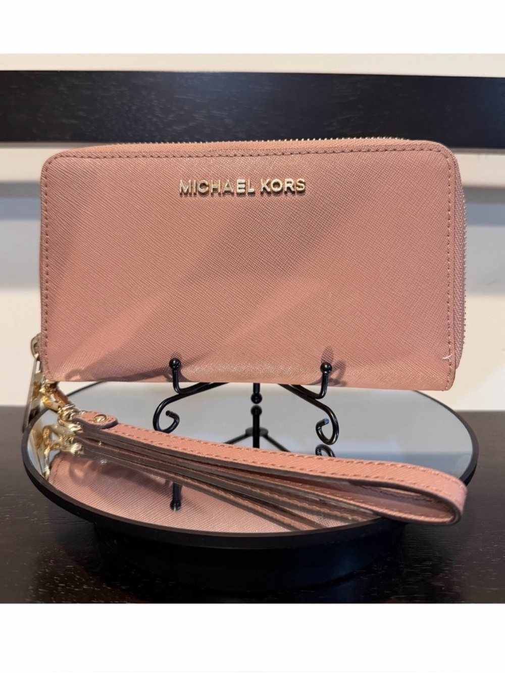 Michael Kors Pink Zip-Around Wristlet Wallet with Gold Logo